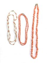 A 9ct gold bead, coral bead and baroque pearl necklace, fastening with a 9ct gold bolt clasp,