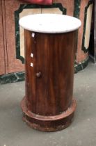 A 19th century mahogany veneer marble topped pot stand (af), of cylindrical form with cupboard