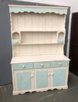 A white and pale blue painted kitchen dresser, 130x50x192cmH