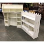 A modern white painted dresser top, 125cmW; a white painted bookcase with crenelated top; and a