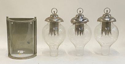 Three glass hanging lanterns (af, one sconce missing), together with a glass and chrome wall light