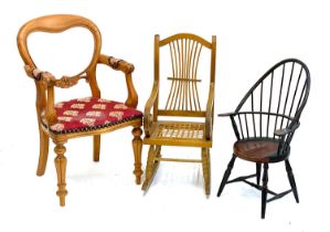 Three miniature chairs: a balloon back open armchair, 47cmH, a stick back Windsor armchair and a