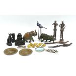A mixed lot to include gilt metal seashell shaped napkin rings; painted elephant; carved warthog (