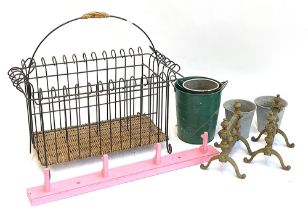 A mixed lot to include magazine rack; pink painted coat hooks; brass fire dogs etc