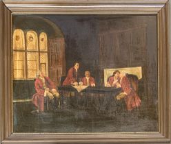 A 20th century oil on canvas depicting a drawing room scene with huntsmen, signed lower left Tito,