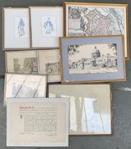 A quantity of paintings and prints to include a reproduction 17th century map of Munich, a nude