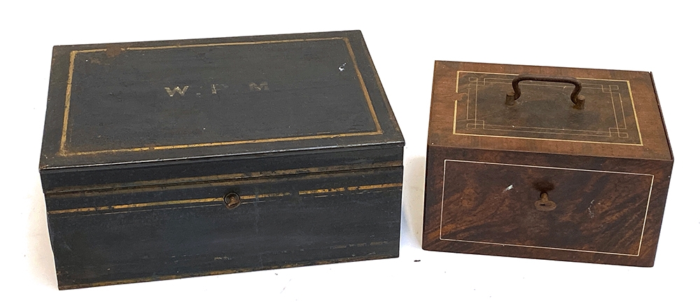 A toleware strongbox, 24cmW, together with a painted metal deed box, monogrammed W.P.M, 35.5cmW