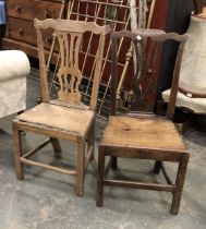 Two 18th century 'country Chippendale' oak splatback side chairs, with solid seats, each with