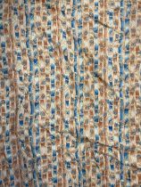 A pair of heavy lined and interlined curtains, pink and blue bamboo style pattern, approx. 390cm