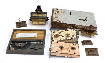 A mixed lot of metal items to include lock plates, micrometer etc