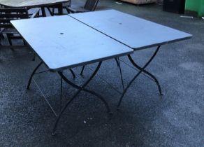 Two folding metal garden tables, each 140x70x76cmH