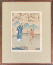 A Chinese painting on silk depicting a garden scene with master and servant, 23x17cm