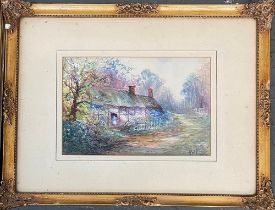 A watercolour of a cottage, signed H Williamson, 16x25cm, together with oil on canvas, sailing barge
