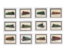 A set of twelve prints of trains, to include the Caledonian Railway, 4-2-2 Locomotive and Tender no.