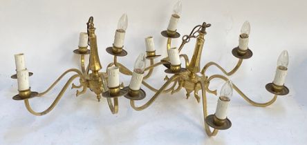 A pair of gilt metal six arm chandeliers, each approx. 65cmW