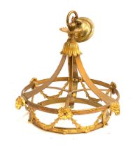 A gilt metal hanging light with ram masks and bellflower swags, missing glass shade, 33cmD