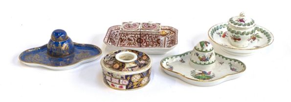 A lot of five 19th century inkwells, to include Royal Crown Derby, Staffordshire, Spode, and one