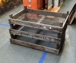 Three vintage crates with wire mesh bases, each 76cmW