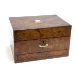A 19th century burr walnut jewellery box, with mother of pearl inlay (inlay around keyhole missing),