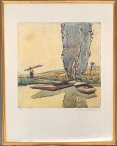 20th coloured engraving of punt and man carrying timber, signed indistinctly, numbered 21/50,
