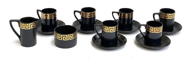 A set of six Portmeirion greek key pattern coffee cups and saucers, with milk jug and sugar bowl