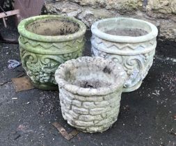 Two large composite stone planters, 40cmDx30cmH, together with one other