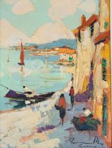 20th century oil on canvas, high impasto, study of a Mediterranean harbour, signed indistinctly