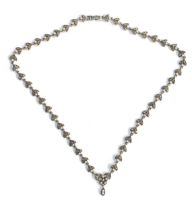 A 925 silver, marcasite and seed pearl necklace, hallmarked DK, Birmingham, 47cmL unclasped, 21g