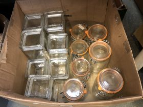 A box of Le Parfait and other glass storage jars