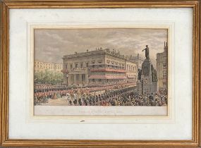 A 19th century print c.1863 depicting a military parade through Waterloo Place, 21x32cm