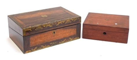 A 19th century rosewood and brass inlay writing box, bearing plaque engraved '1857' 36cmW;