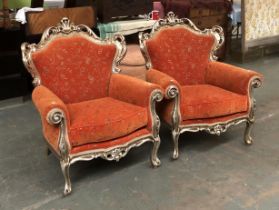 A pair of large gilt gesso and upholstered armchairs of recent manufacture, approx. 90cmW