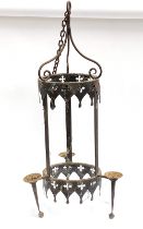 A tall wrought iron hanging lantern, with quatrefoil cutouts, 90cmH