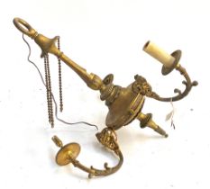 A gilt metal three arm chandelier, with rams mask detail, one arm in need of reattachment, 60cmH