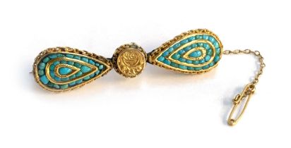 A late Victorian gold and turquoise bow form brooch, comprised of earlier components, tests as