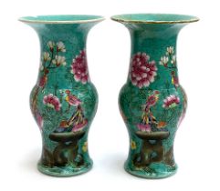 A pair of Chinese turquoise ground trumpet vases, 18th/19th century, both AF, 24.5cm high
