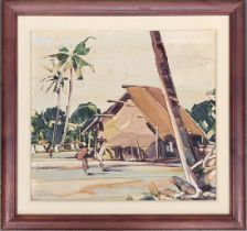 George Richard Deakins (1911-1981), 20th century acrylic on board, 'Ceylon' hut scene with palm