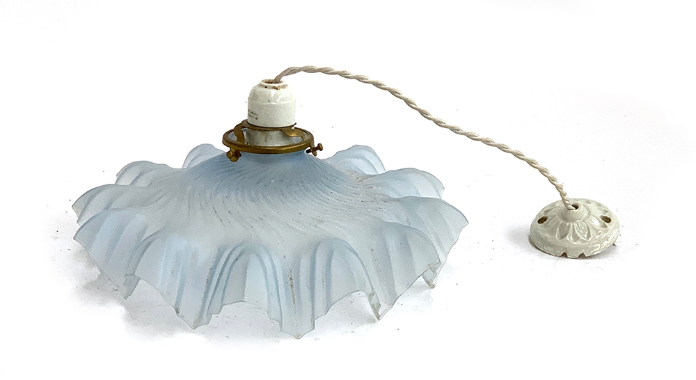 An early 20th century French frosted glass ceiling pendant light, 28cmD
