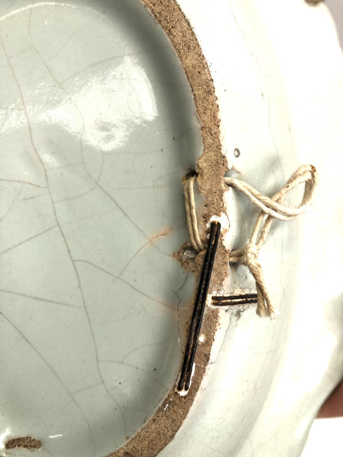 Two ceramic shaving dishes, both with floral designs, with staple repairs, 30cmW & 33cmW (af) - Image 5 of 5