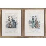 A pair of coloured fashion engravings, ' Le Moniteur de la Mode', c.1882, 34x23cm