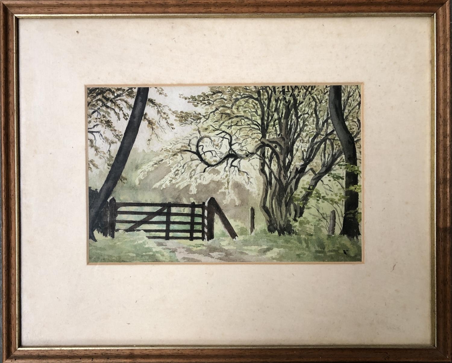 20th century watercolour of woodland gate, 14.5x22.5cm