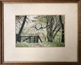 20th century watercolour of woodland gate, 14.5x22.5cm