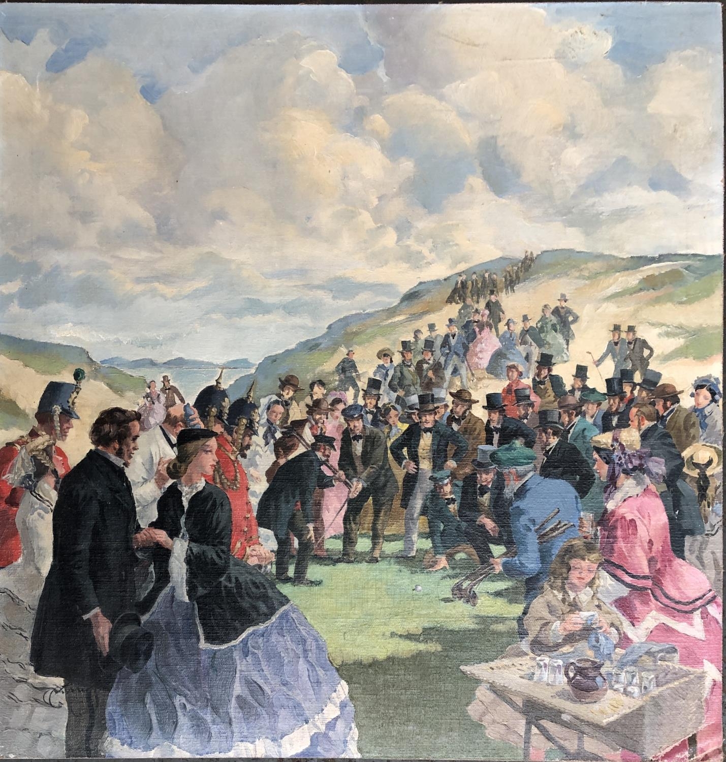 A 20th century oil on board depicting a 19th century game of golf, signed indistinctly lower left,