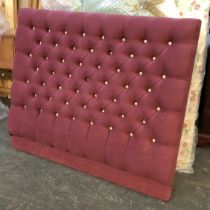 A button upholstered double bed headboard, in purple fabric, 115cmH 138cmW