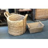 A rush log basket, 38cmH; together with a further basket