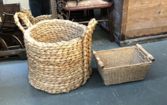 A rush log basket, 38cmH; together with a further basket