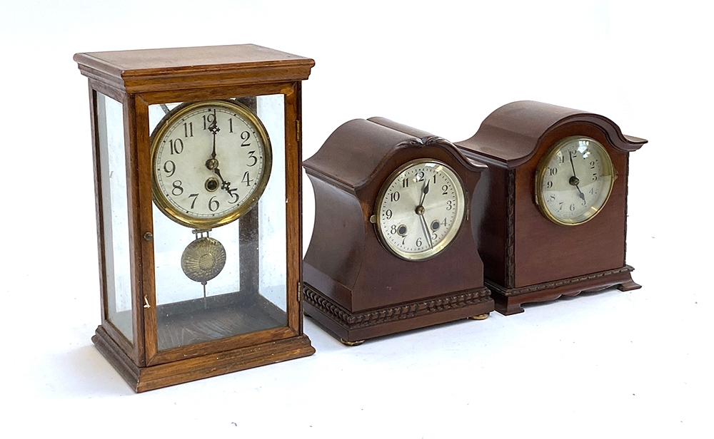 Three early 20th century mantel clocks, one in a glass case, 30cmH - Image 2 of 2