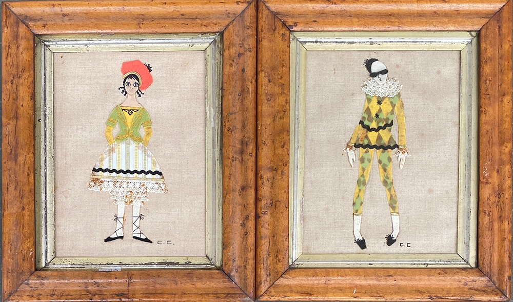 A pair of 20th century collage fashion/costume studies, each 21x16cm, in burr maple frames