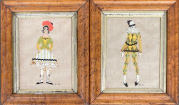 A pair of 20th century collage fashion/costume studies, each 21x16cm, in burr maple frames