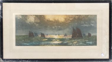 After Heran Chaban, 'A Moonlit Sea on the Coast of Normandy', colour etching, 22x58cm